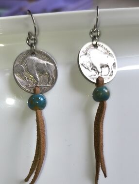 Buffalo Coin Tassel Earrings with Turquoise Colored Beads and Suede Fringe